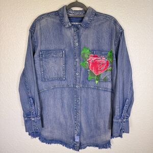 Free People Blue Denim shirt with Rose Design